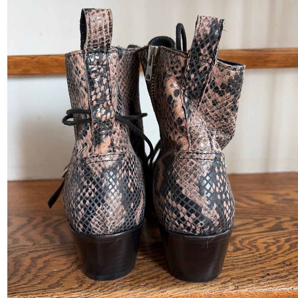 AllSaints Katy Snakeskin Leather Buckle Boots Brown Black Pointed Toe Size 40 - Picture 5 of 7